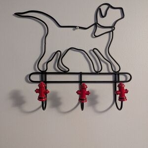 Dog Silhouette Wall Hook Rack with Red Fire Hydrant Hooks